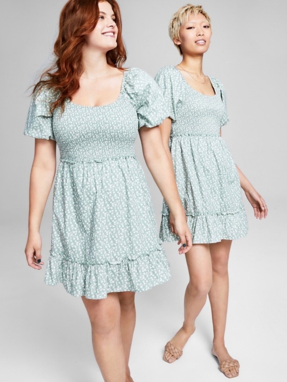 And Now This Smocked Puff Sleeve Mini Dress in Light Green Floral